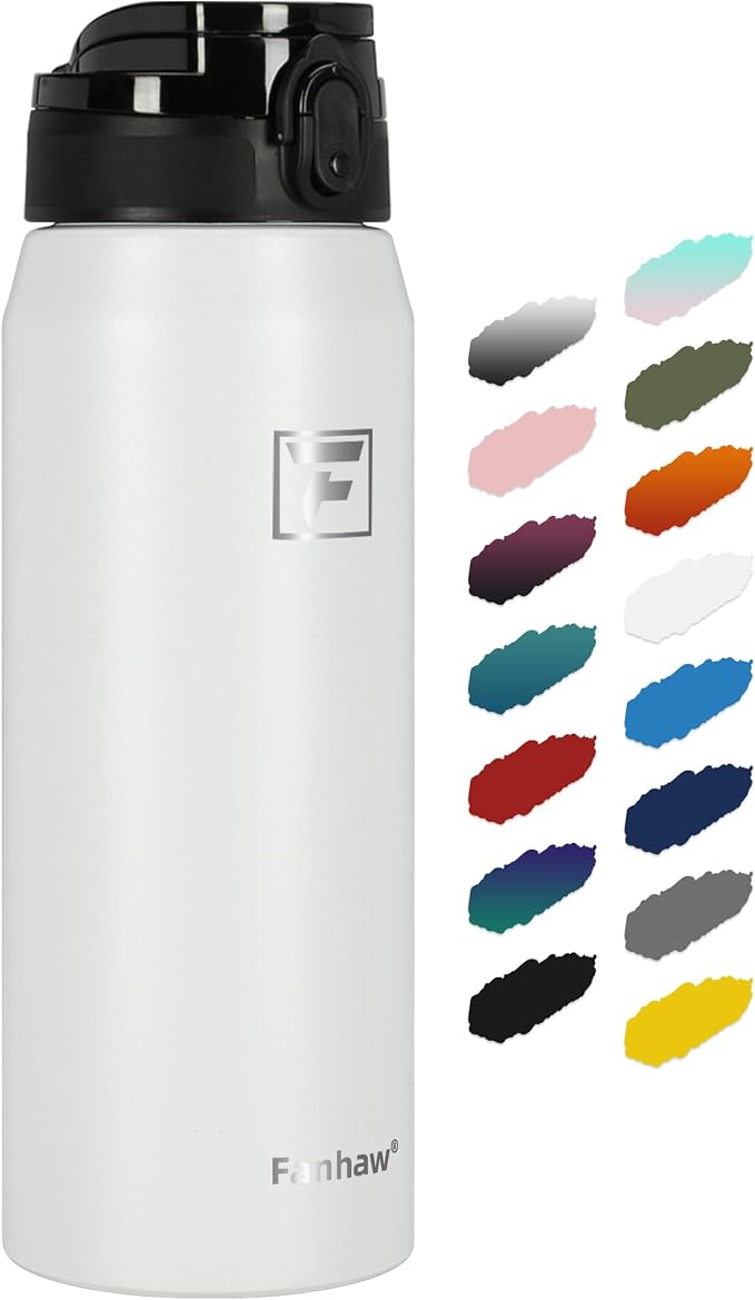 Fanhaw 24 oz Insulated Stainless Steel Water Bottle with Anti-Dust Chug Lid, Leakproof Vacuum Metal Everyday Use Bottle for Kids, Teens & Adults, Back to School Essentials (White)