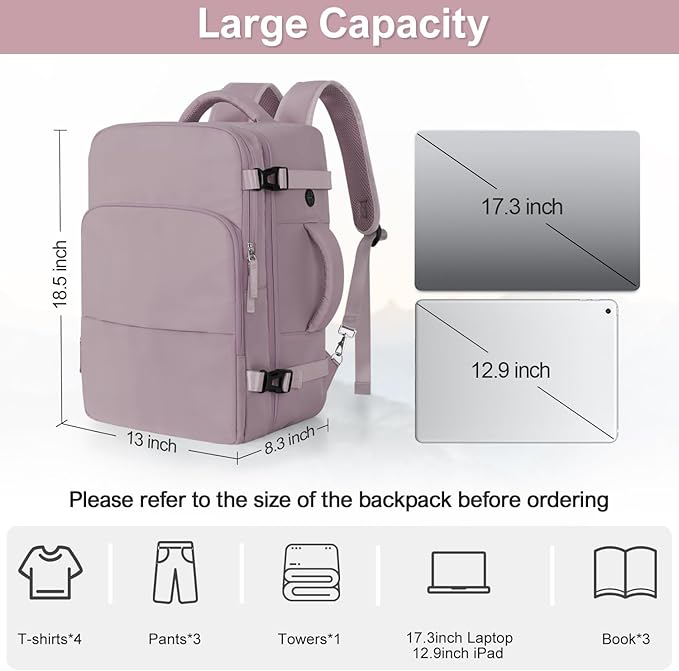 Sinaliy Travel Backpack, Carry on Flight Approved Backpack with Multi-Pockets, TSA Waterproof 17.3inch Laptop Backpack, Personal Item Travel Bag for Men Women, Light Purple