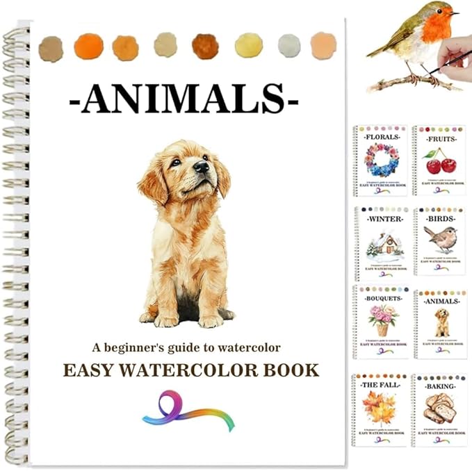 Watercolor Workbooks Coloring Book Beginner Friendly Painting Kit Easy Nature Scenes Paint Set Art Crafts for Creative Exploration Gift for Adults (Animals, Without Palette)