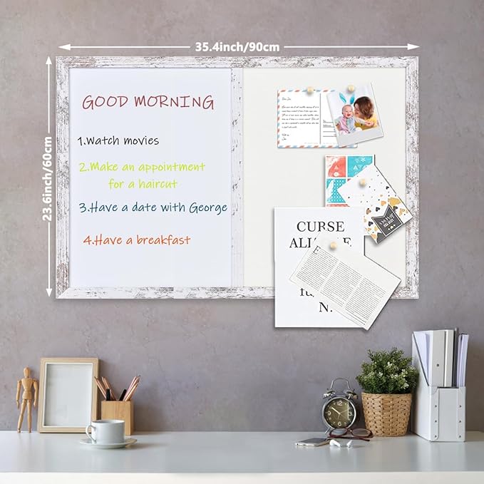 Bulletin Board Whiteboard White Felt Board Combo for Office School Kitchen Bedroom, White Wood Frame,23.6"*35.4",Whiteboard+WH-6090WH