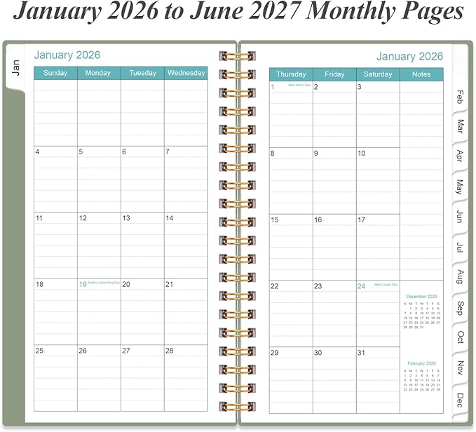 2026-2027 Monthly Planner - January 2026 - June 2027, Two Pages Per Month, 18 Monthly Calendar/Planner with Tabs, Strong Twin-Wire Binding, Inner Pocket, 3.75" x 6.5", Green