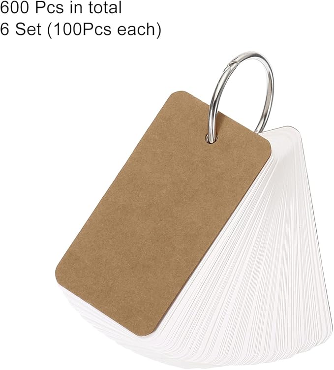 PATIKIL Blank Index Cards with Ring, 600Pcs Blank Flash Card 2.8x1.6" Study Note Cardstock for Memory Learning Studying Office Supplies, Brown White