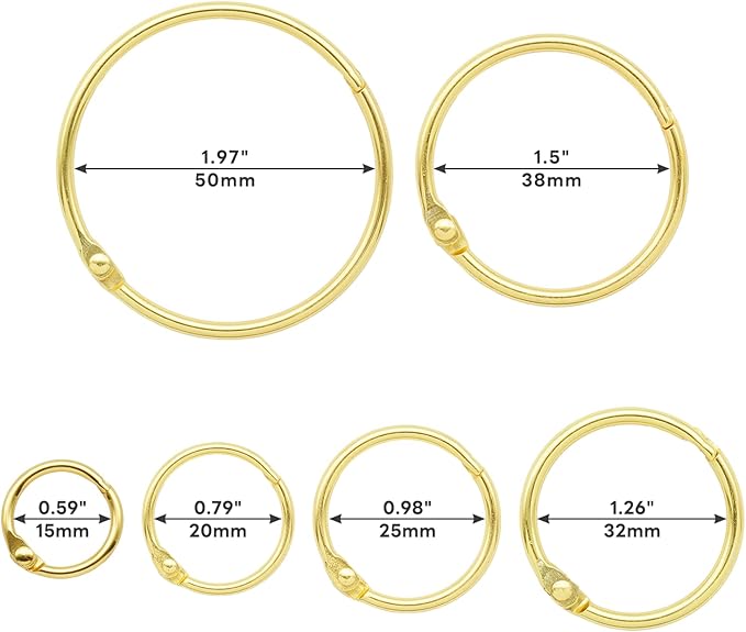 60 Pcs Binder Rings Assorted Sizes (1/2", 3/4", 1", 1-1/4", 1-1/2", 2"), Loose Leaf Binder Book Rings, Metal Index Card Rings Binder Clip Rings for Flash Cards, Key Rings, Index Cards (Gold)