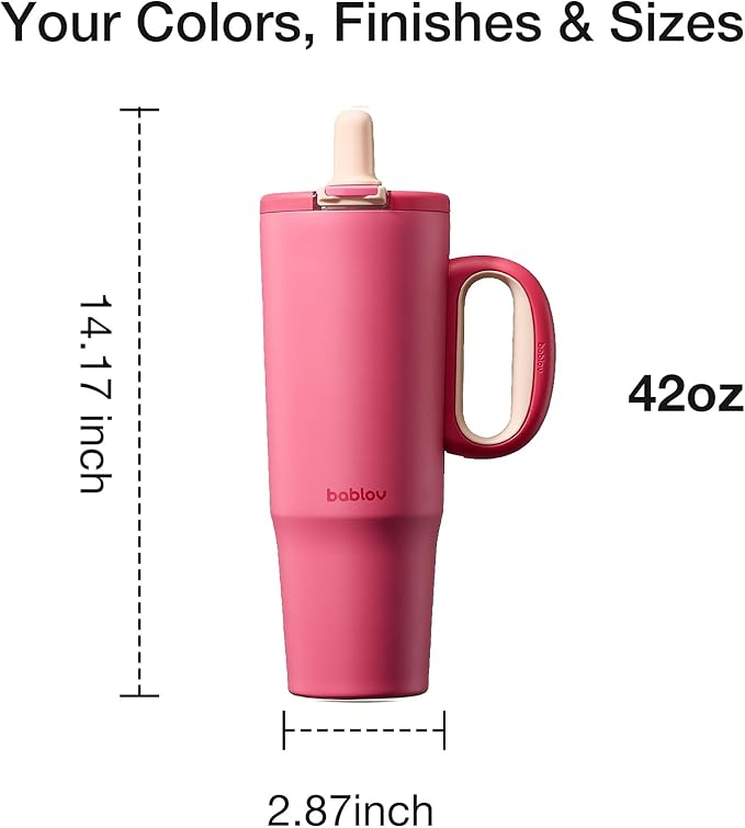 BABLOV 40 oz Ceramic Lined Tumbler with Straw - 316L Stainless Steel Insulated Coffee Tumbler with Lids Handle for Cold Hot Beverages at Home Office or on the Go Travel Coffee Mugs, Rose Pink