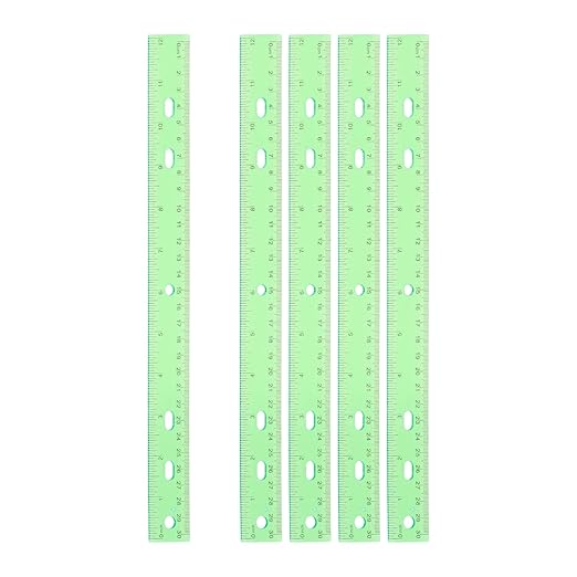 HARFINGTON 5pcs Plastic Rulers 12" (30cm) Clear Straight Ruler Measuring Tool Inches and Centimeters with Hole for Home Office Classrooms Drafting, Clear Green