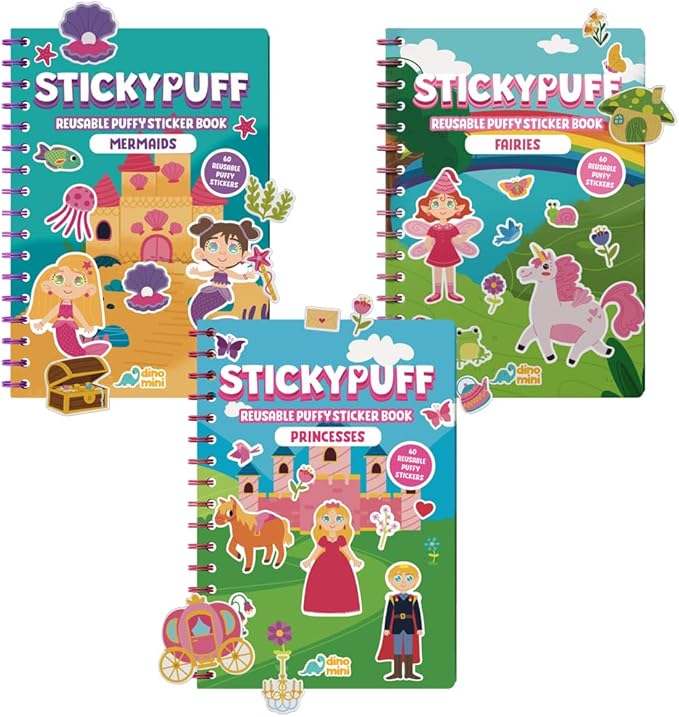 DINO MINI Stickypuff Value Pack - 3 Reusable Puffy Sticker Book for Toddlers - Puffy Stickers for Toddlers - Travel Activities for Kids Ages 4-8 - Screen Free Birthday Gifts (Wonderland)