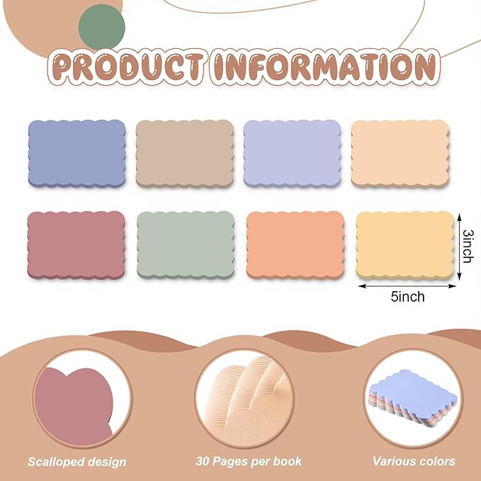Eaasty 8 Pack Scalloped Aesthetic Sticky Notes Bulk Morandi Colors Cute Wavy Self Sticky Note Pads 3" x 5" Blank Note Pads for Back to School Office Supplies 240 Sheets