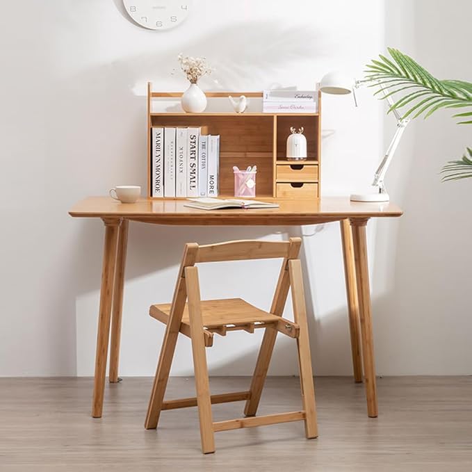 Bamboo Desktop Bookshelf with Drawers,2-Tier Desk Organizer Shelf,Small Desk Hutch with Storage for Office,Dorm,Bedroom,Home,Desk Top Bookshelf with Rounded Corners,22.8"x7.5"x18.1"