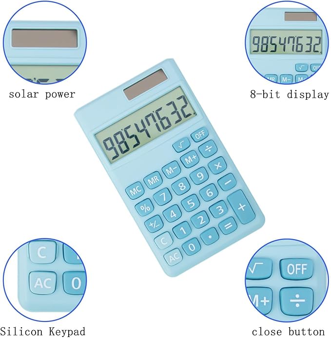Basic Standard Calculators Small Digital Desktop Calculator with 8-Digit LCD Display, Battery Solar Power Smart Calculator Children's School Adult Office Family Standard Functions (8 bit Blue)