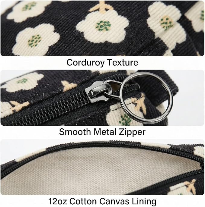 Soft Corduroy Pencil Case Pen Pouch Organizer, Small Stationery Bag | Cute black plum blossom pencil pouch, smooth zipper, daily cosmetics holder, compact organizer for school teen girls, women