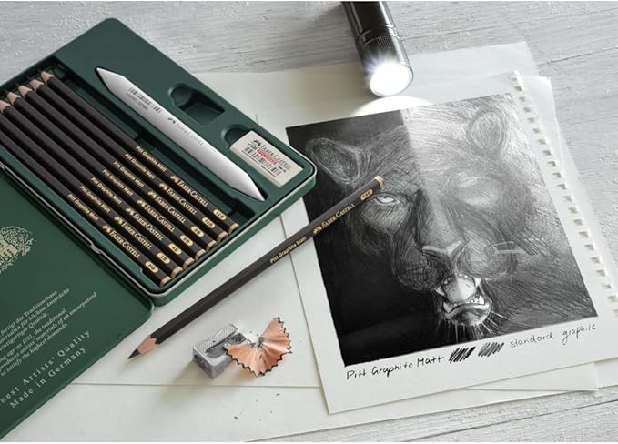 Faber-Castell Pitt Graphite Matte Pencil Set, Metal Tin of 8 Graphite Pencils and Sketching Accessories (HB, 2B, 4B, 6B, 8B, 10B, 12B, 14B), Pencil Sharpener, Eraser and Blending Stump