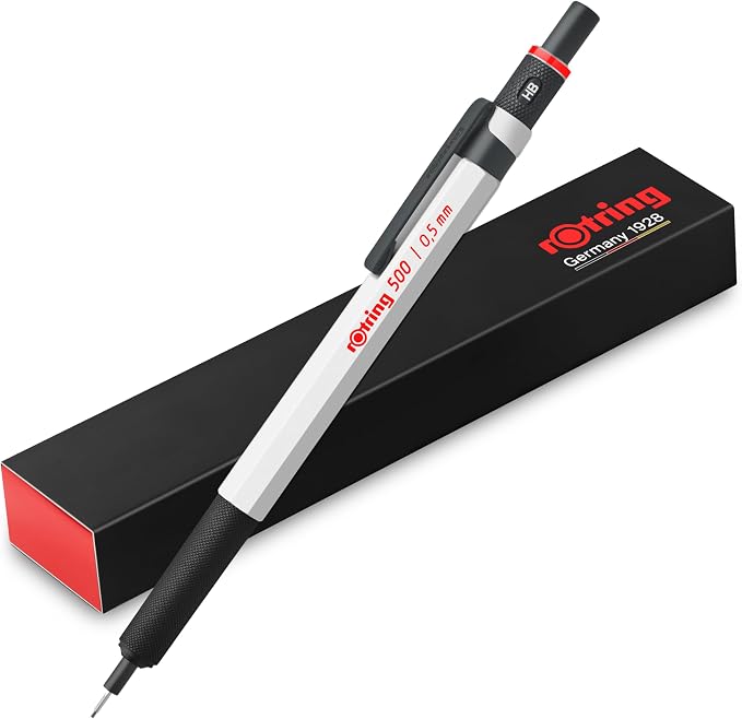 rOtring 500 Mechanical Pencil, White Hexagonal Plastic Barrel and Non-Slip Textured Metal Grip, 0.5mm, HB Lead, 1 Count - Precision, Comfort, Sleek, Writing