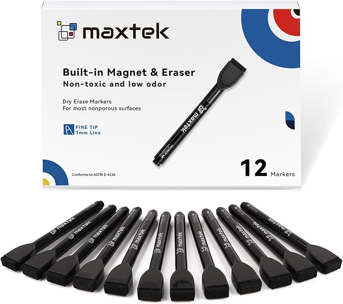 maxtek Magnetic Black Dry Erase Markers, 12 Count Fine Tip Whiteboard Markers with Eraser, Thin Markers Low Odor for Classroom, Office, Home