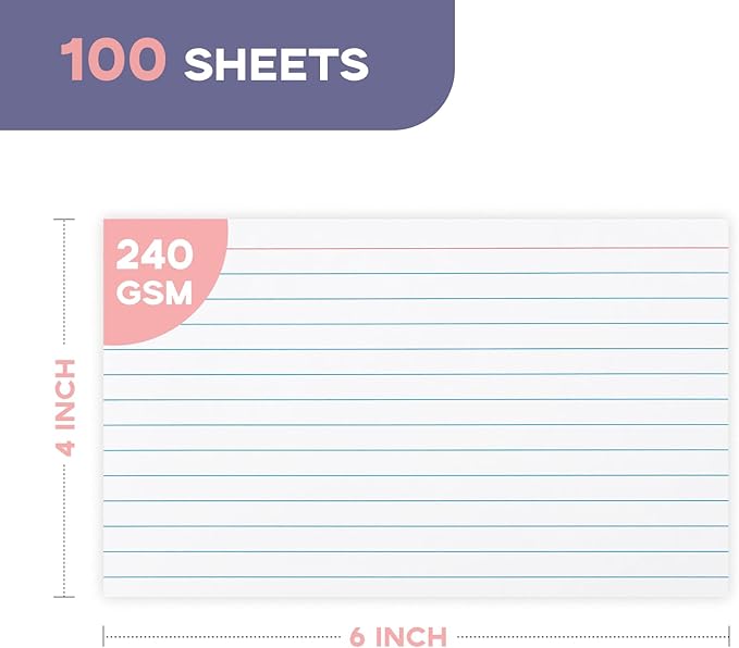 Heavy Weight Index Cards 4x6 Ruled - Goefun 240GSM/90LB 100 Pack White Lined Note Cards 4 x 6 Flashcards for Studying, Note Taking and To Do List
