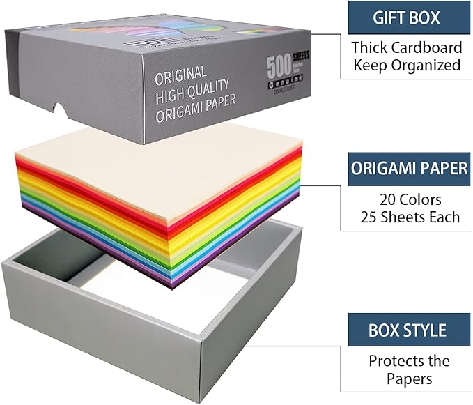 Origami Paper 500 Sheets, 20 Vivid Colors, Double Sided Colors Make Colorful and Easy Origami,6 Inch Square Sheet, Papers, Arts and Crafts Projects (E-book included)