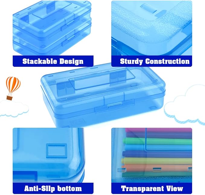 Pencil Box, Large Capacity Clear Pencil Case, 1 Pack Hard Pencil Case, Clear Crayon Box with Snap-tight Lid Stackable Design, Plastic Storage Box for Office Supplies, Blue