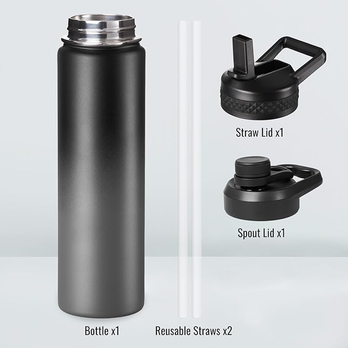 Fijinhom 24 oz Insulated Water Bottle with Handle, 304 Stainless Steel Water Bottles with 2 Lids, Double Wall Vacuum Sports Water Cup with Straw, BPA Free, Keep Cold and Hot, Black/Gray