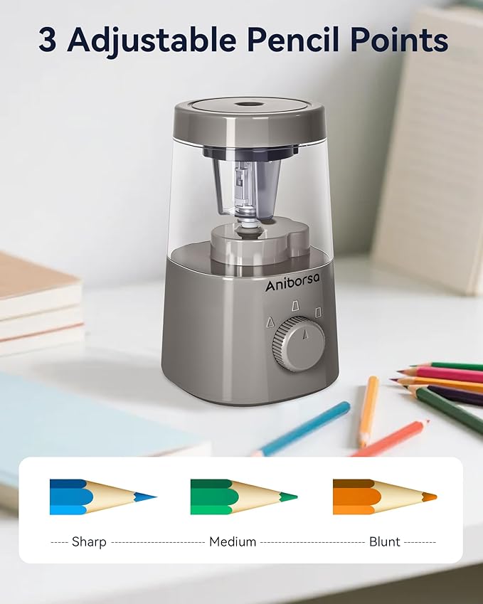 Electric Pencil Sharpener, Helical Blade Automatic Pencil Sharpener, Battery/USB Cord Operated Adjustable Sharpness for 6-8 mm Pencil, Classroom, School, Office, Home, Gray