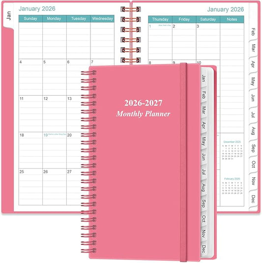 2026-2027 Monthly Planner - January 2026 - June 2027, Two Pages Per Month, 18 Monthly Calendar/Planner with Tabs, Strong Twin-Wire Binding, Inner Pocket, 3.75" x 6.5", Pink