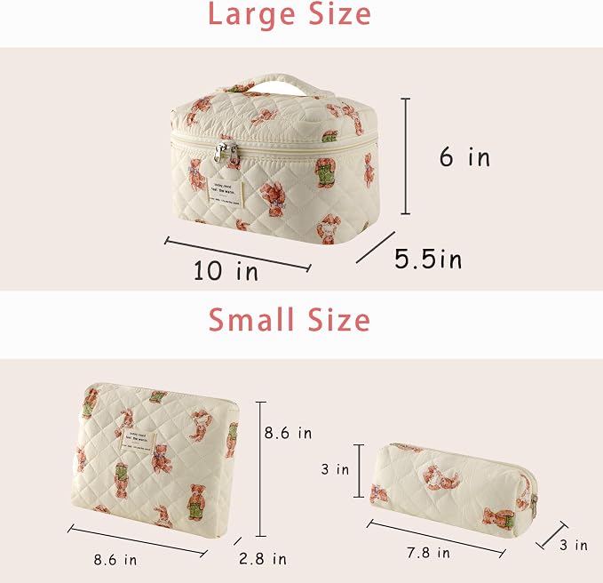 uekeboag Large Travel Quilted Makeup Bag for Women | Soft Floral Cotton Cosmetic Bag, Foldable Coquette Aesthetic Toiletry Organizer