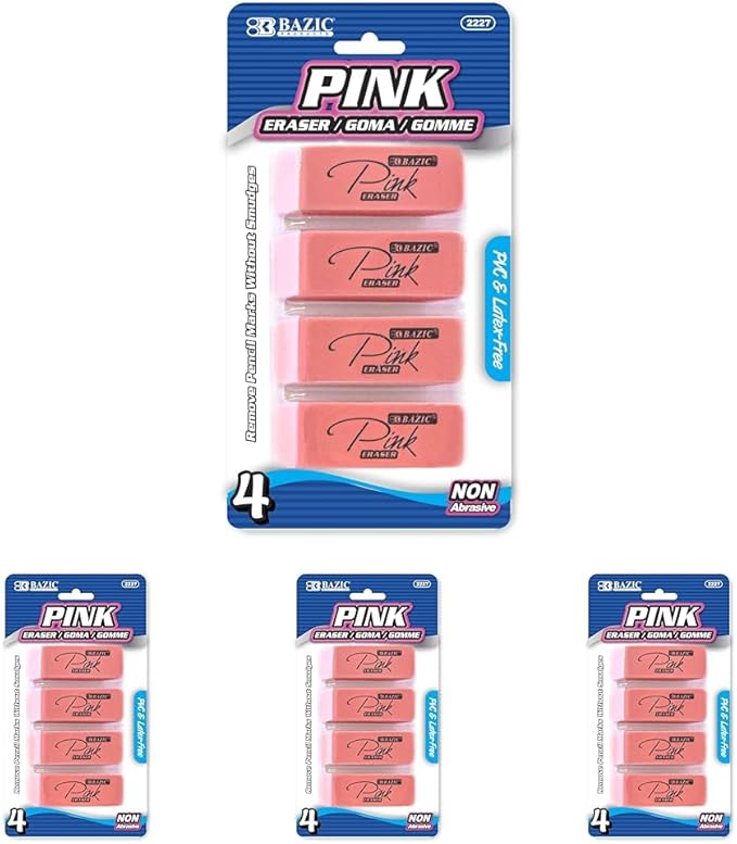 BAZIC Products Pink Eraser, Latex Free Bevel Block Erasers, Large Size for Classroom, Office, and Art Use, Smooth Pencil Correction for Writing, Sketching, & Daily Tasks, 4 Count (Pack of 4)