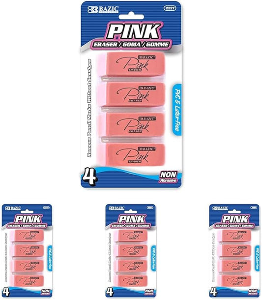 BAZIC Products Pink Eraser, Latex Free Bevel Block Erasers, Large Size for Classroom, Office, and Art Use, Smooth Pencil Correction for Writing, Sketching, & Daily Tasks, 4 Count (Pack of 4)