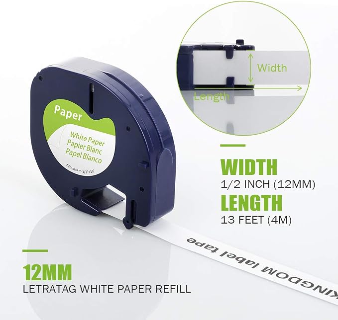 15-Pack 91330 Paper White Label Compatible with Dymo Letratag Tape | 12mm x 4m 1/2" x 13' Label Maker Tape Refill Compatible with Dymo Letratag Label Maker 100H Plus LT-100T LT-200B