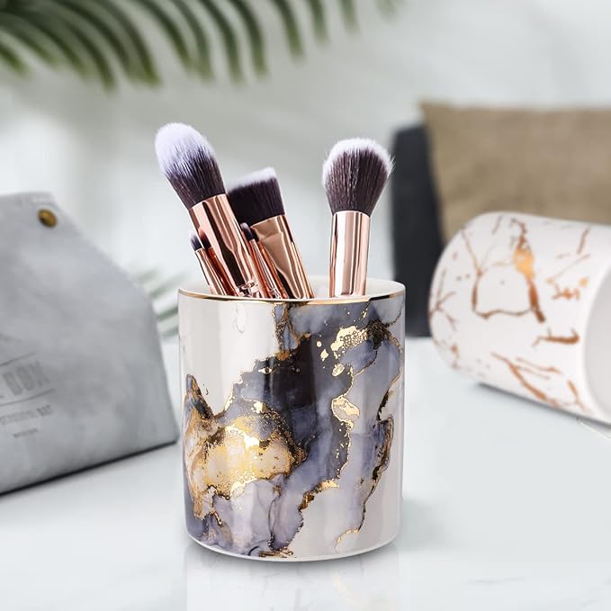 Marble Pencil Holder, Durable Ceramic Desk Organizer Office Supplies,Desktop Stationary Organizer,Multi-Functional Pencil Storage for Desktop Accessories,Office,Classroom,Home,Gray Gold