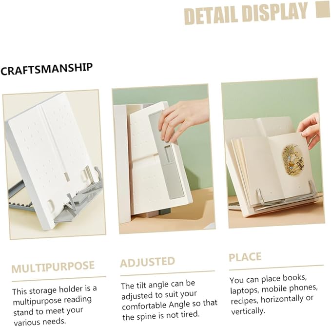 Adjustable Reading Stand for Desktop with Multi-Angle Book Holder Rack Portable White Textbook Holder for Cookbooks and Reading Design for Easy Storage and Carrying
