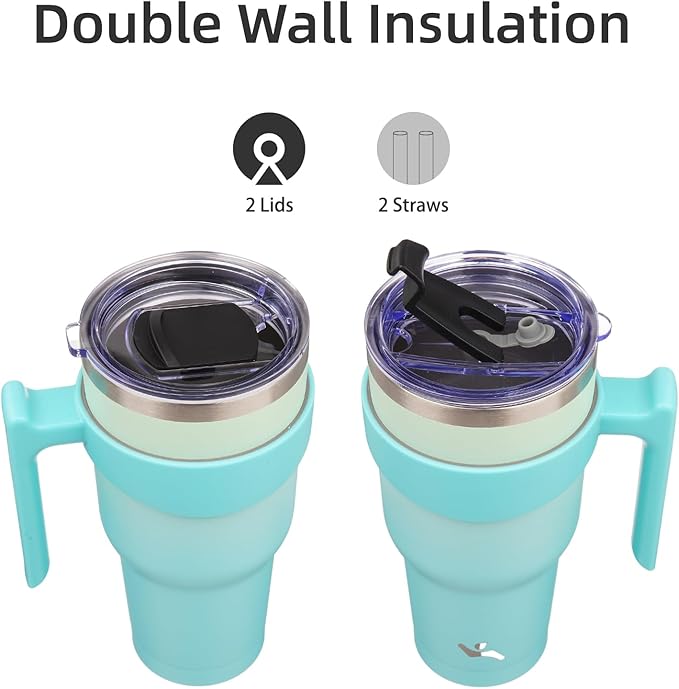 Konokyo 40 oz Tumbler with Handle and 2 Straw 2 Lid, Insulated Water Bottle Stainless Steel Vacuum Cup Reusable Travel Mug, Mint