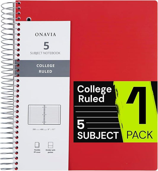 ONAVIA Spiral Notebook for School, 5 Subject, College Ruled Paper, 200 Sheets, 9" x 11", 5 Dividers with Pockets, 3 Hole Punched Perforated, Plastic Cover, Lined Journal, School Supplies, Red