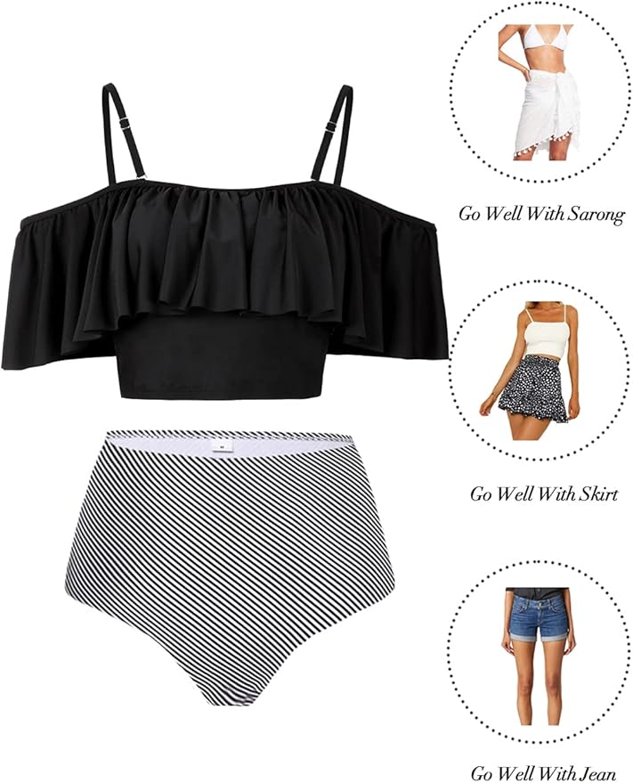 Kaei&Shi High Waisted Flounce Bikini Set,Tummy Control Swimsuits for Women,Off Shoulder