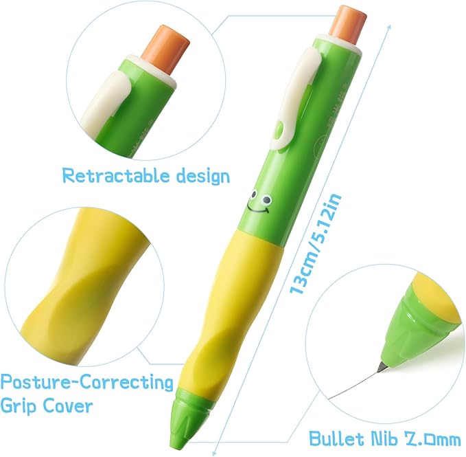 Thick Mechanical Pencil for Kids, Smile Handwriting Pencil with Non-Slip Grip & 2.0mm HB Lead, Break-Resistant, 8 Pack Includes 96 Refills #2, Sharpener & Eraser