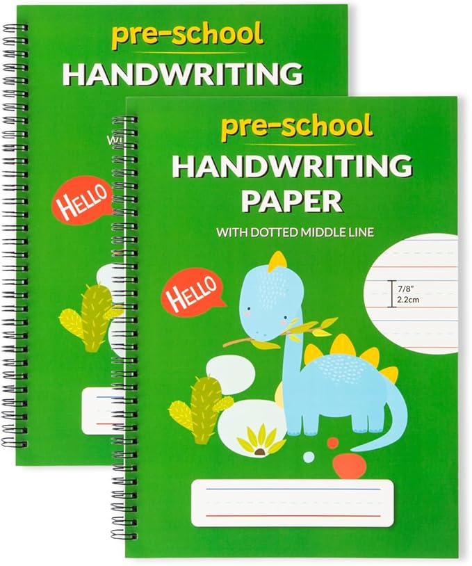 A4 Lined Handwriting Practice Notebook for Kids – Dotted Midline, Spiral Bind, Pre-K, Kindergarten, 100 Thick Pages (2, Green Dino)