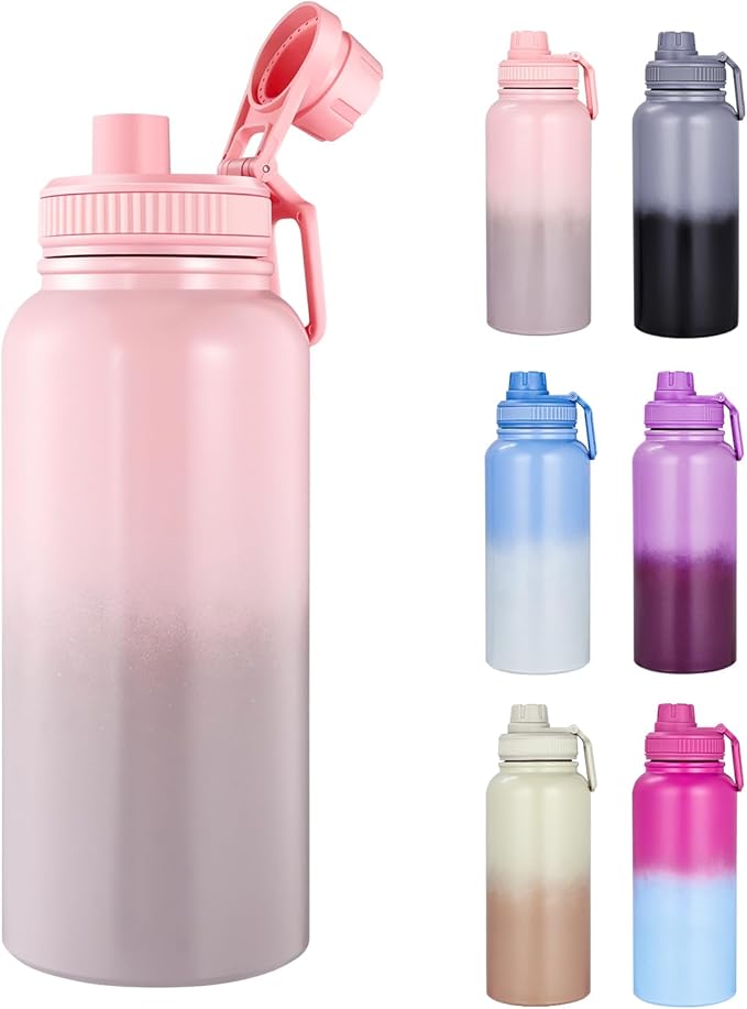 Gulex Water Bottle 32oz - Leakproof & BPA Free Sports Water Bottle Carry Strap for Gym, Travel and Outdoor Sports (Stainless steel insulation-Pink)