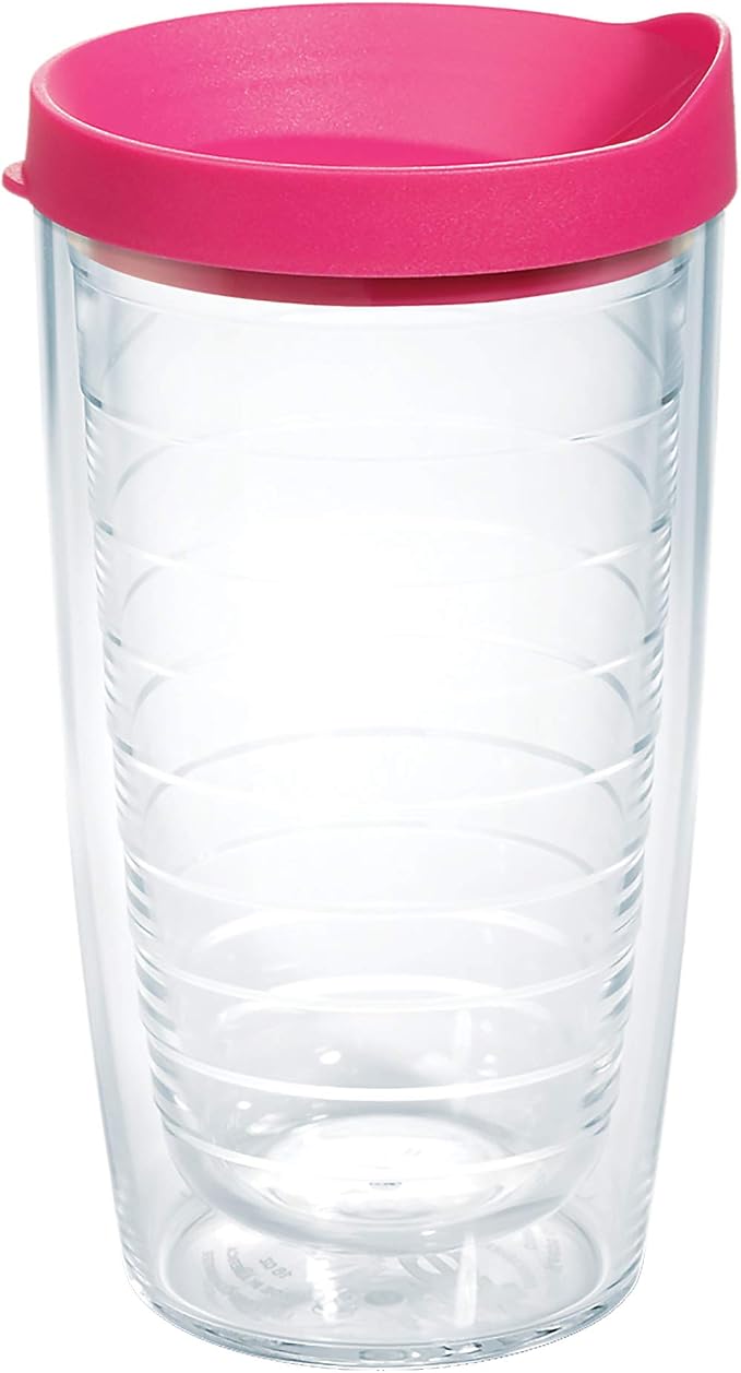 Tervis Clear & Colorful Lidded Made in USA Double Walled Insulated Tumbler Travel Cup Keeps Drinks Cold & Hot, 16oz, Fuchsia Lid
