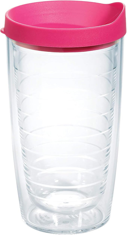 Tervis Clear & Colorful Lidded Made in USA Double Walled Insulated Tumbler Travel Cup Keeps Drinks Cold & Hot, 16oz, Fuchsia Lid