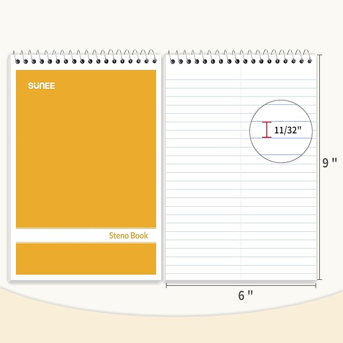 SUNEE 2 Pack Steno Pads 6x9, Gregg Rule, 60 Sheets, Spiral Notebook 6x9, White Paper, Take Notes with Top Spiral Notebook, for School, University, College, Work, Office, Yellow