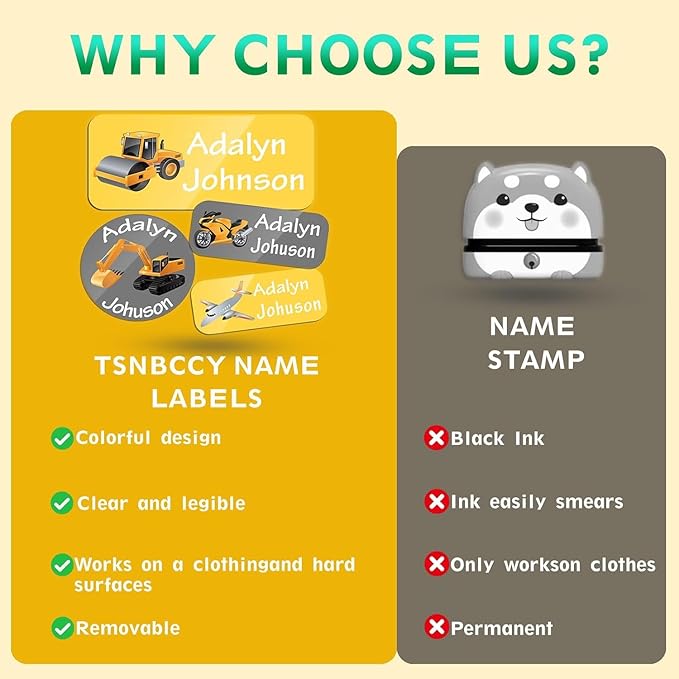 Custom Personalized Name Labels for Kids-(200-1000Labels) Waterproof Name Stickers Tags for School&Daycare,Clothing Tags,Washable&Durable Labels for Lunch Boxes, Bottles,Toys&GEA (Excavator)