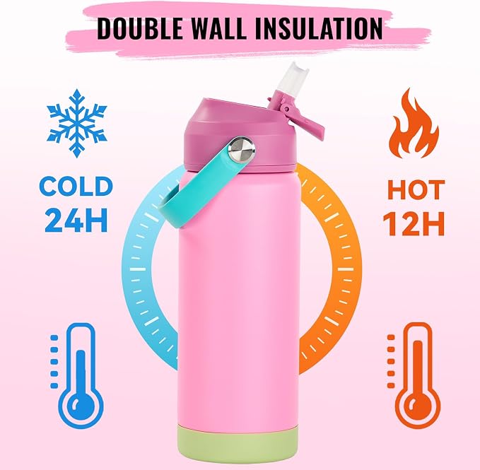 Fijinhom 18oz Insulated Stainless Steel Water Bottle, Wide Mouth Double Wall Vacuum, Silicone Straw, Sweat & Leak Proof, BPA Free Insulated Water Flask for Travel, Keep Cold 24h Hot 12h, Berries
