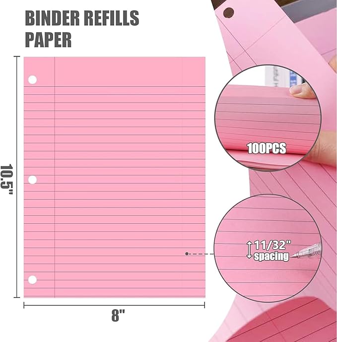HIBOX Pink Loose Leaf Paper, Pink 100 Sheets 8"x10.5" Wide Ruled Filler Lined Notebook Paper, 3-Hole Punched for 3-Ring Binders Notebook, School & College, Women Girls Writing Work Meeting Note Taking