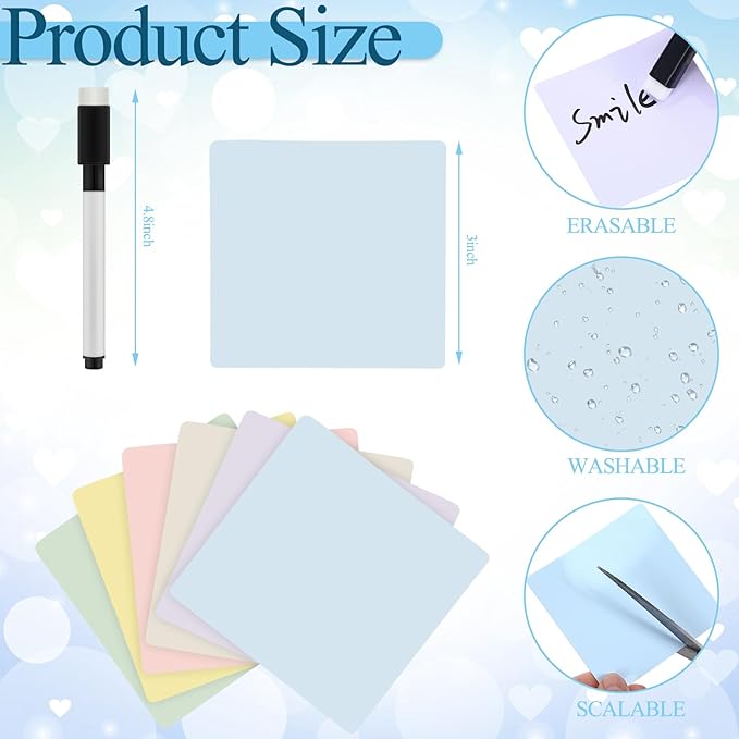 24 Pcs Reusable Dry Erase Sticky Notes 3"x 3" Whiteboard Labels Peel & Stick Dry Erase Colorful Labels and 2 Black Marker for Office Classroom Home Notes Lists Reminders Planning Teach(Bright Color)