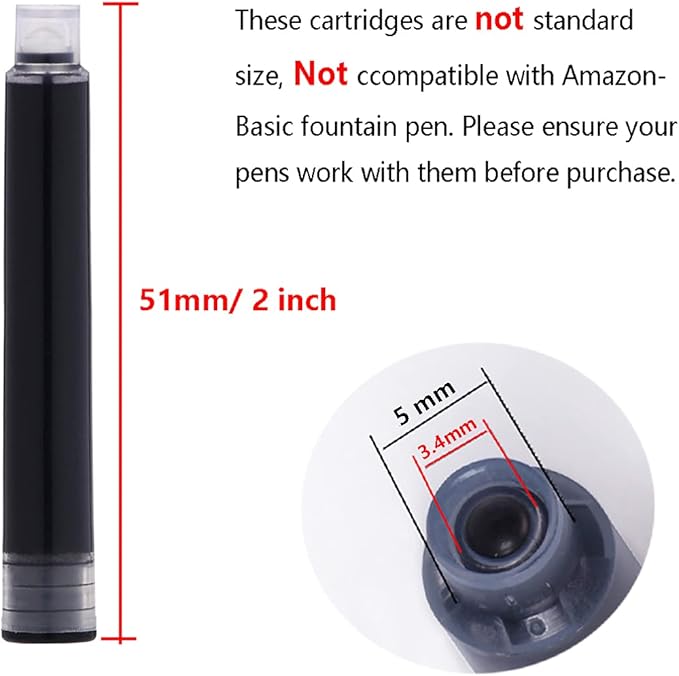 Asvine Fountain Pen Ligth Green Ink Cartridges, Set of 30 Refill Ink Cartridges, 3.4 mm Bore Diameter