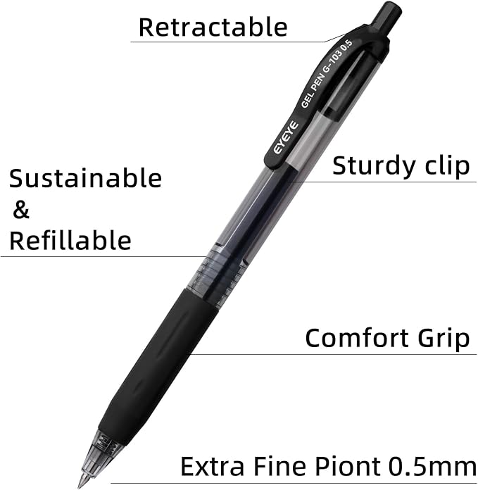 EYEYE G-103 Black Gel Pens 15 Pack, Retractable, 0.5mm Extra Fine Point | Quick Drying, Ballpoint Pen Fine Point Smooth Writing Pens for Office Supplies, Black to School