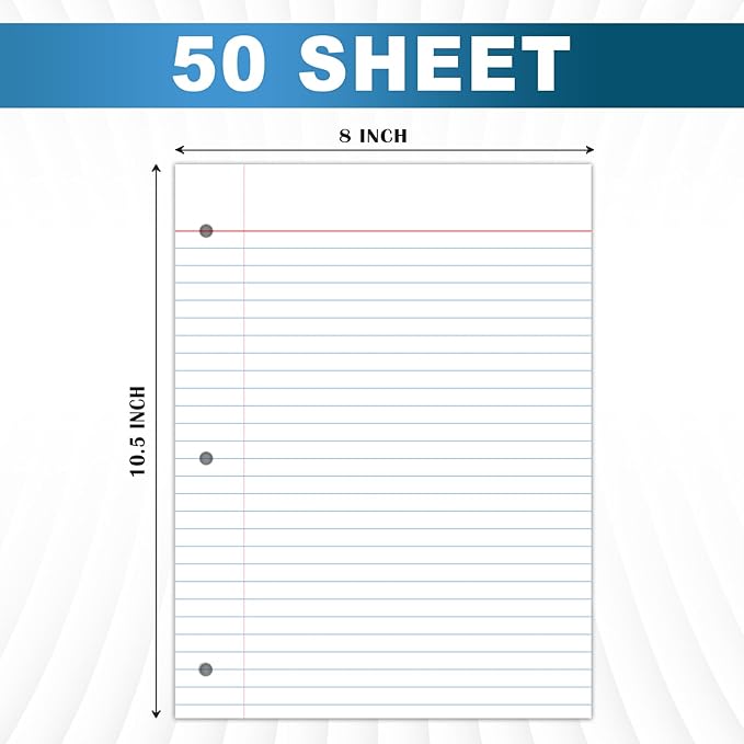 Loose Leaf Paper, 50 Sheets, Wide Ruled Filler Notebook Paper, 8" x 10.5", Bulk Notebook Papers,3 Hole Punched Loose Leaf Paper for 3 Ring Binders,Loose Leaf Office Paper, (White)