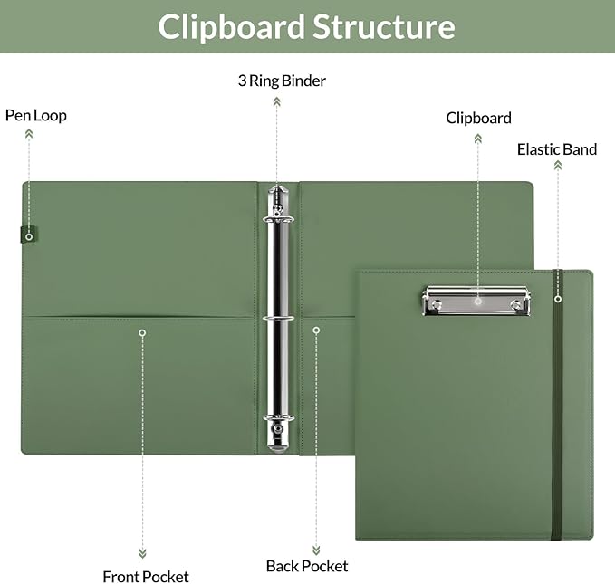 SKYDUE 3 Ring Binder with Clipboard, 13.2" × 10.2" Faux Leather 1 Inch Binder Organizer with 5 Pocket Dividers, Notepad, Labels & 2 Storage Pockets for Teachers, Students, Nurses & Office Work
