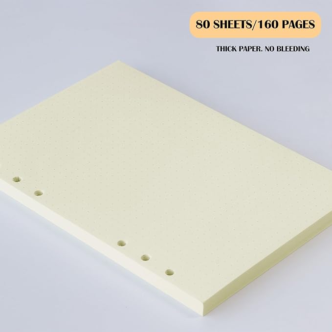 A5 Dot Grid Filler Paper, 6-Hole Punched, 100GSM Dotted Loose-Leaf Paper and Planner Inserts for Planners, Meeting Notes, and Bullet Journals,80 Sheets/160 Pages