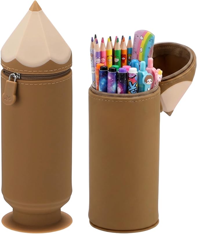 PAMASE Standing 2-in-1 Pencil Case & Pen Holder for Girls Boys, Brown | Cute Soft Silicone Pencil Pouch Bag, with Zipper and Pull-Out Base, for Kids School Supplies