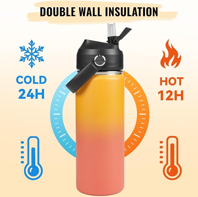Fijinhom 18oz Insulated Stainless Steel Water Bottle, Wide Mouth Double Wall Vacuum, Silicone Straw, Sweat & Leak Proof, BPA Free Insulated Water Flask for Travel, Keep Cold 24h Hot 12h, Orange