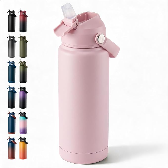 Fijinhom 24oz Insulated Stainless Steel Water Bottle, Wide Mouth Double Wall Vacuum, Silicone Straw, Sweat & Leak Proof, BPA Free Insulated Water Flask for Travel, Keep Cold 24h Hot 12h, Coral Pink